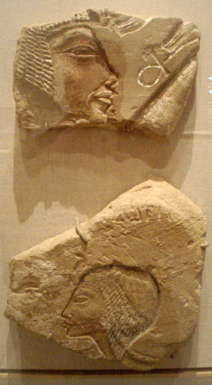 Two Amarna era reliefs depicting Nefertiti, from the early and late Amarna periods