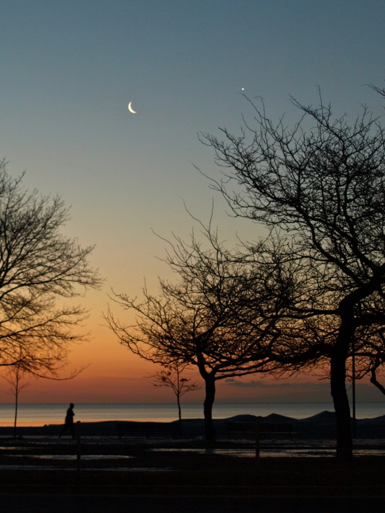 Crescent Moon and Venus at Sunrise by The Beach with Jogger and Trees