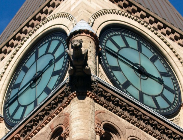 Gargoyle and Clock Faces on Old Toronto City Hall 