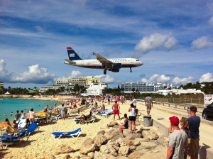 Plane Coming in for a Landing Over Beach in Sint Maarten