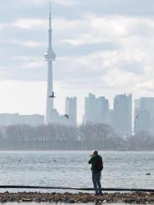 Photographer on Jetty Against Toronto Skyline