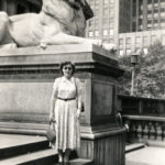 Audrey Stuart by Lion Statue New York City Public Library 1952